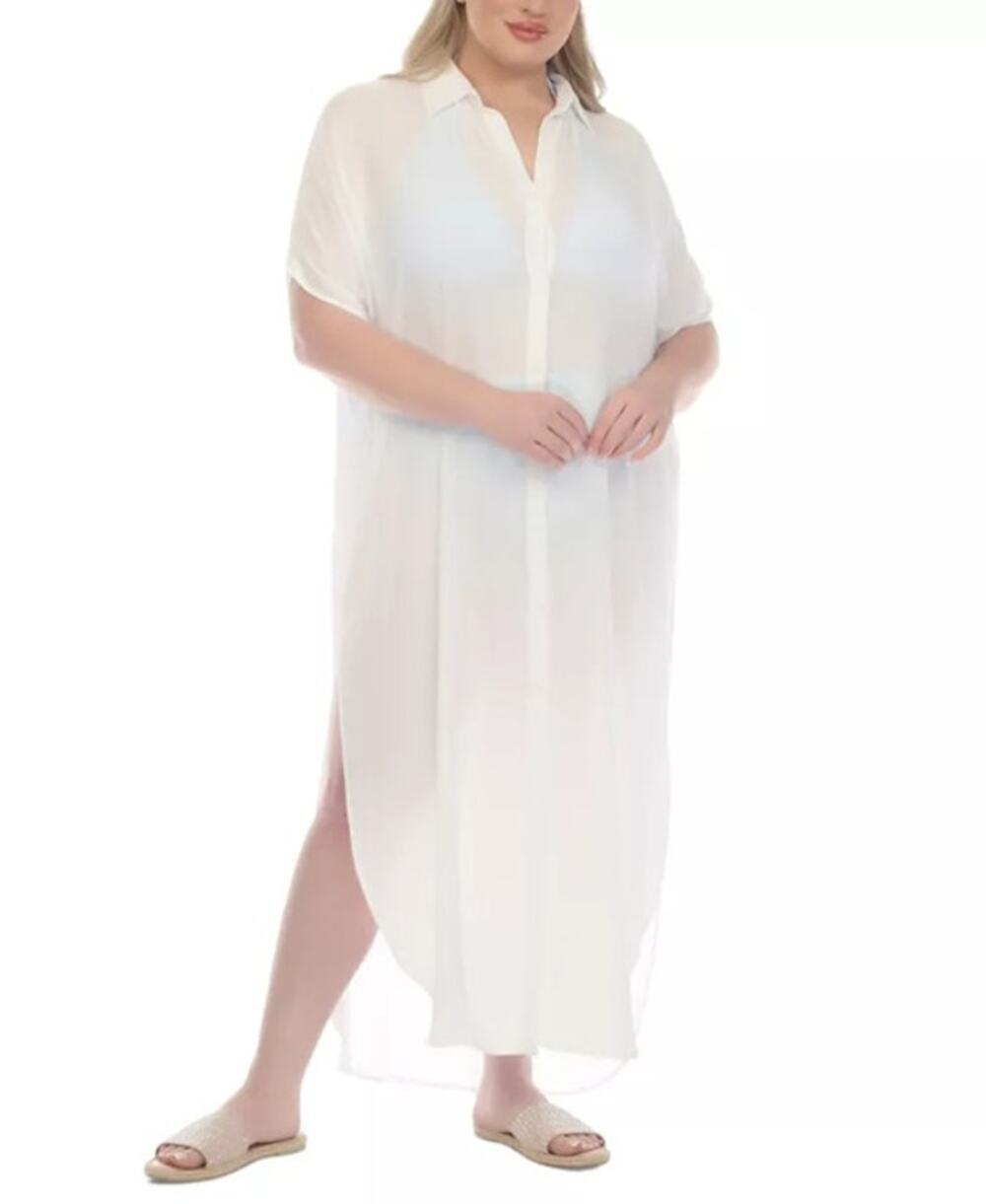 Raviya Plus Size Button-Front Cover-Up Maxi Dress In White